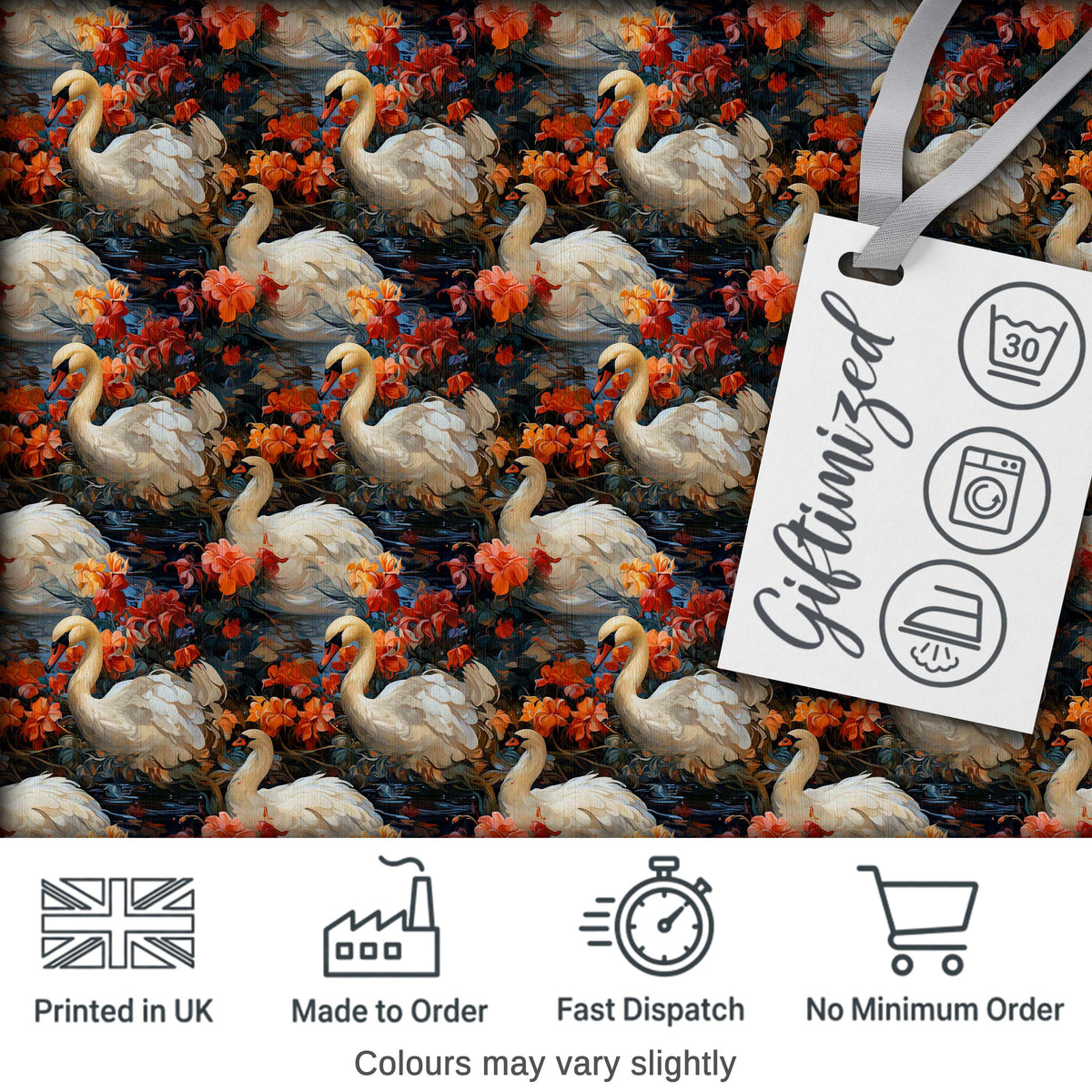 Elegant White Swan with Red Floral Garden Seamless Pattern Digital Print Fabric by the Metre UK Sewing Quilting Textile