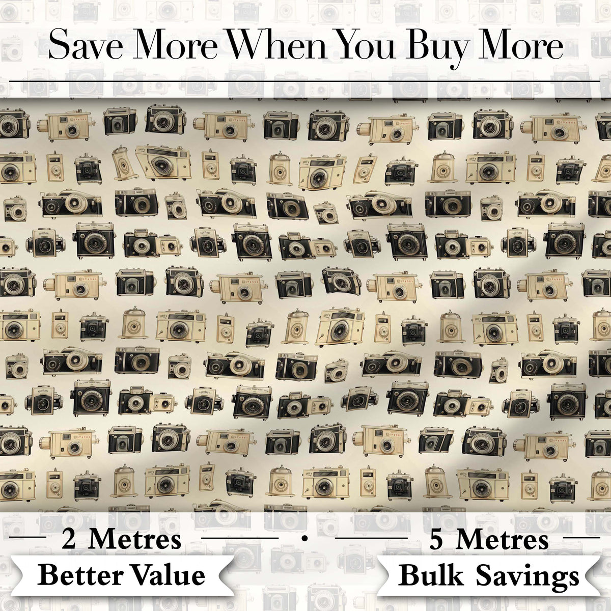 Vintage Camera Collection  Photography Seamless Pattern Digital Print Fabric by the Metre UK Sewing Quilting Textile