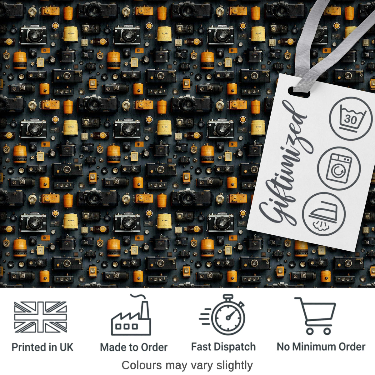 Classic Camera and Film Accessories Dark Seamless Pattern Digital Print Fabric by the Metre UK Sewing Quilting Textile