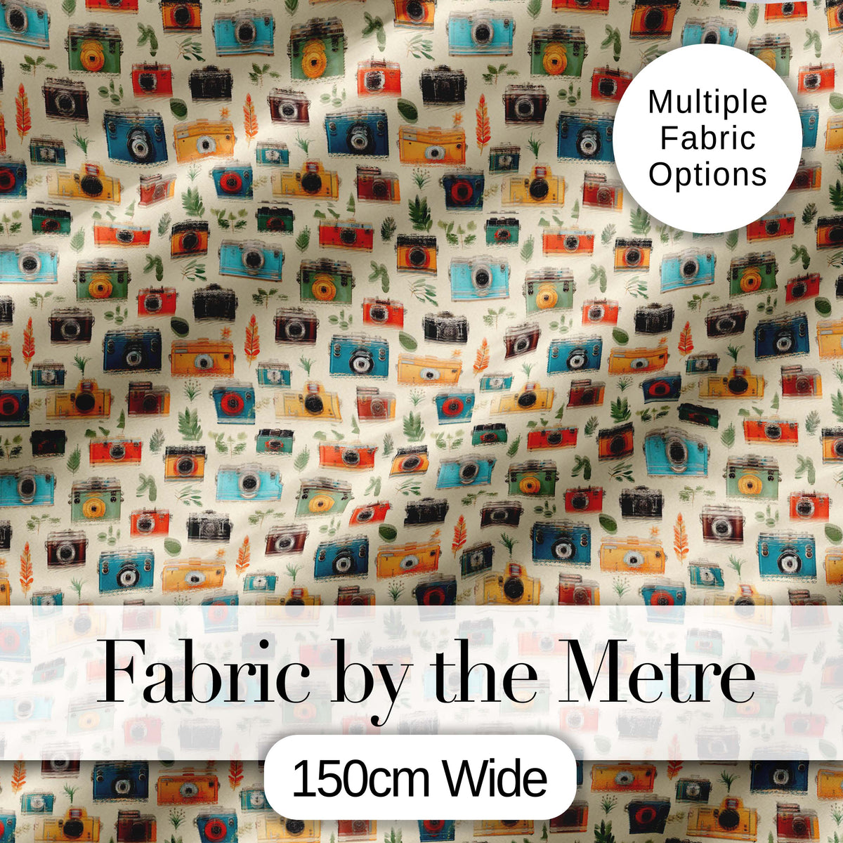 Colorful  Cameras with Leaves Seamless Pattern Digital Print Fabric by the Metre UK Sewing Quilting Textile