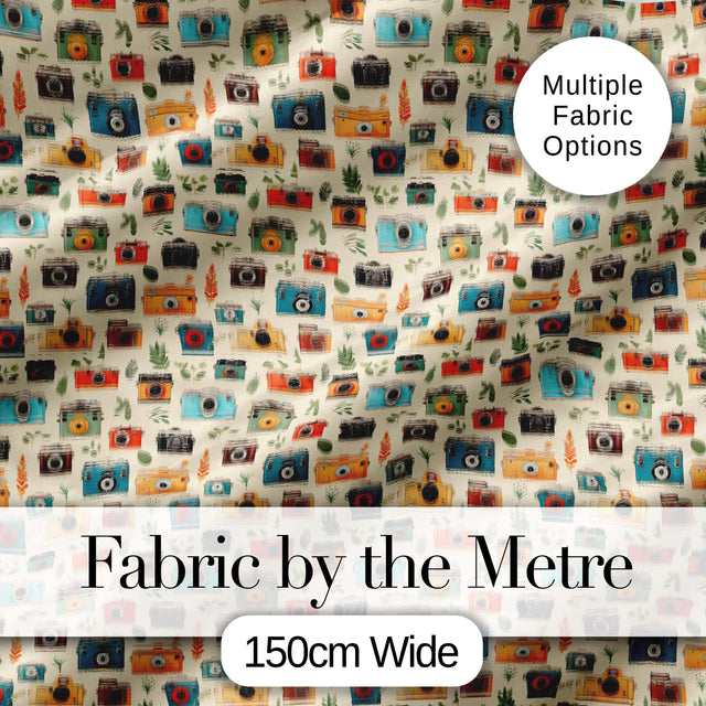 Colorful  Cameras with Leaves Seamless Pattern Digital Print Fabric by the Metre UK Sewing Quilting Textile