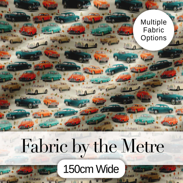 Colorful Classic Cars with Floral Detail Seamless Pattern Digital Print Fabric by the Metre UK Sewing Quilting Textile