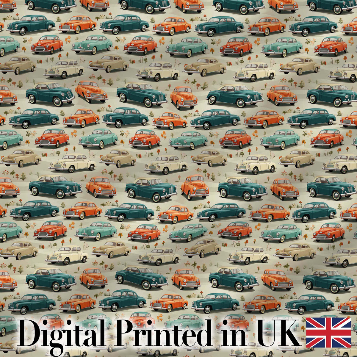 Colorful Classic Cars with Floral Detail Seamless Pattern Digital Print Fabric by the Metre UK Sewing Quilting Textile