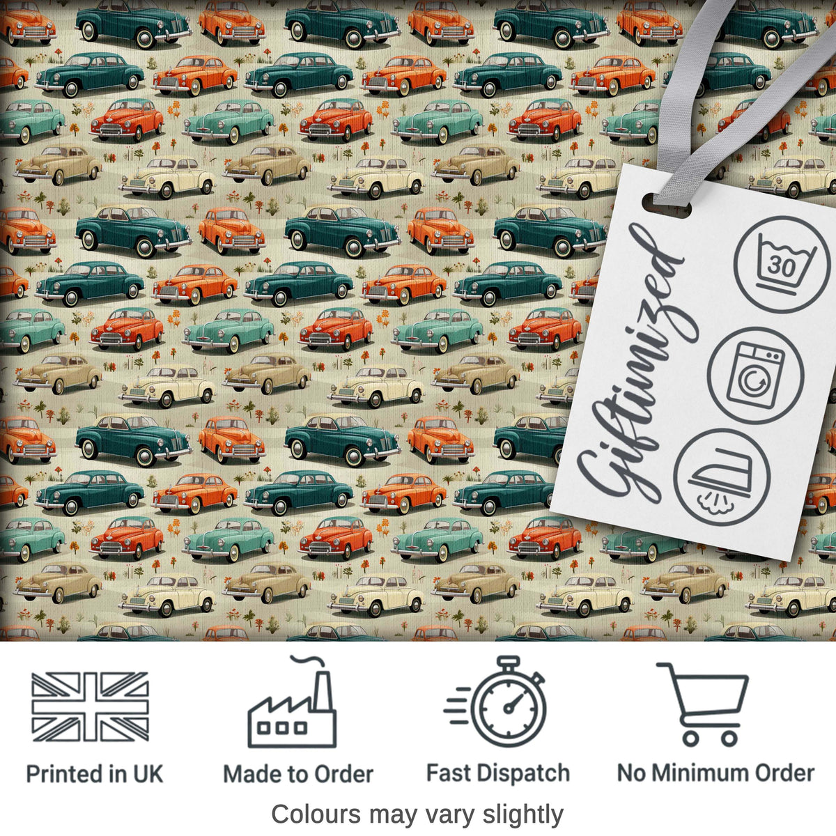 Colorful Classic Cars with Floral Detail Seamless Pattern Digital Print Fabric by the Metre UK Sewing Quilting Textile