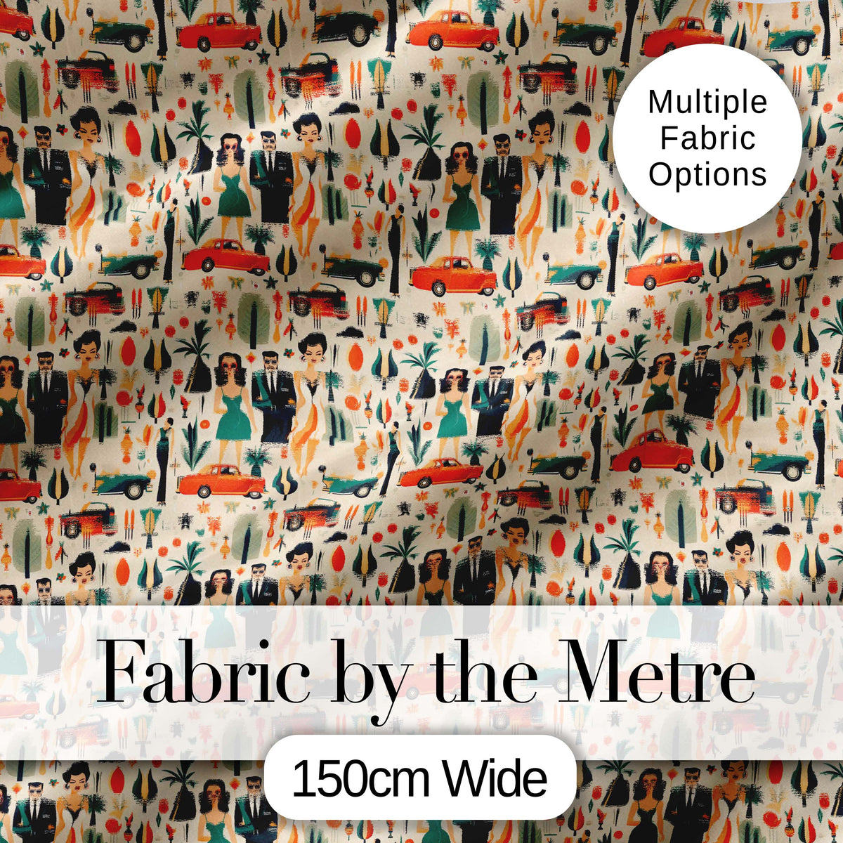 Mid Century Fashion People Cars Abstract Seamless Pattern Digital Print Fabric by the Metre UK Sewing Quilting Textile