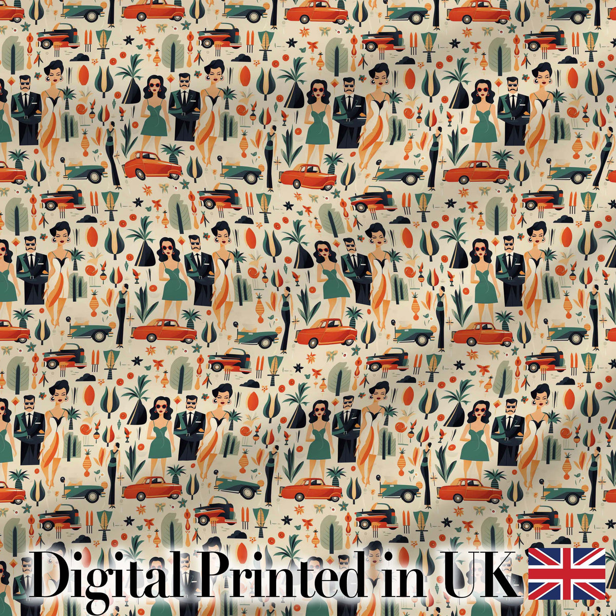 Mid Century Fashion People Cars Abstract Seamless Pattern Digital Print Fabric by the Metre UK Sewing Quilting Textile
