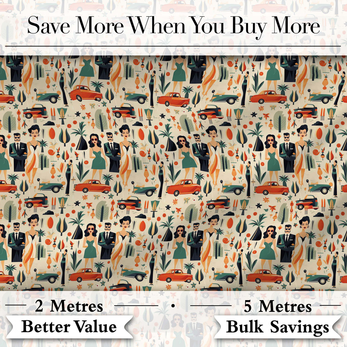 Mid Century Fashion People Cars Abstract Seamless Pattern Digital Print Fabric by the Metre UK Sewing Quilting Textile