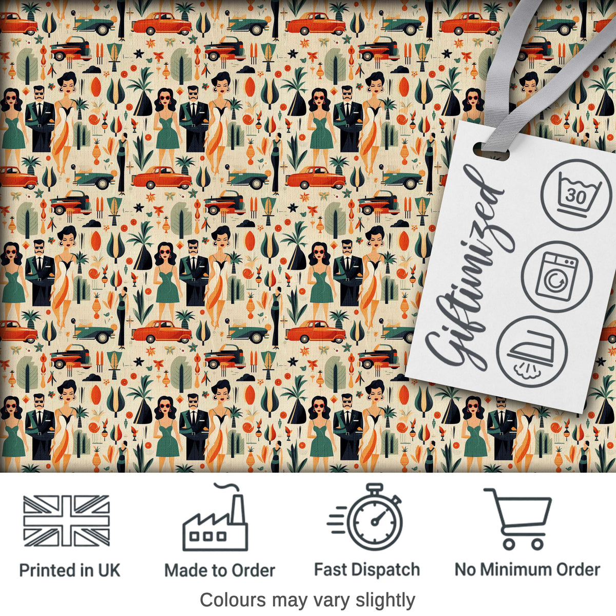 Mid Century Fashion People Cars Abstract Seamless Pattern Digital Print Fabric by the Metre UK Sewing Quilting Textile