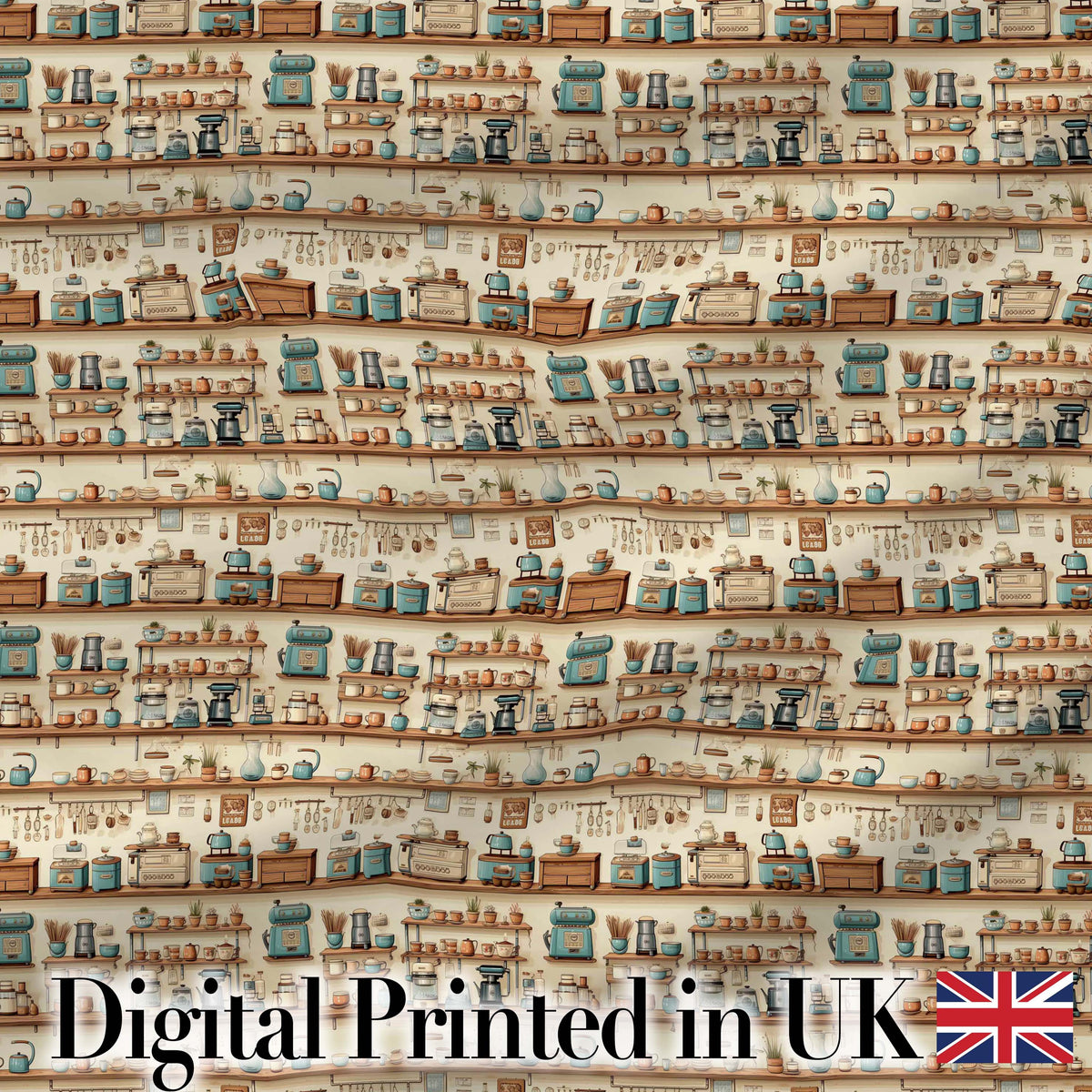 Vintage Kitchen Shelves Utensils Appliances Seamless Pattern Digital Print Fabric by the Metre UK Sewing Quilting Textile