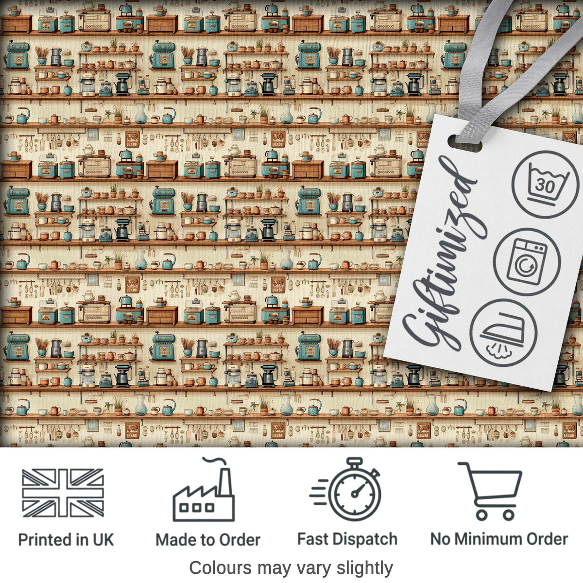 Vintage Kitchen Shelves Utensils Appliances Seamless Pattern Digital Print Fabric by the Metre UK Sewing Quilting Textile