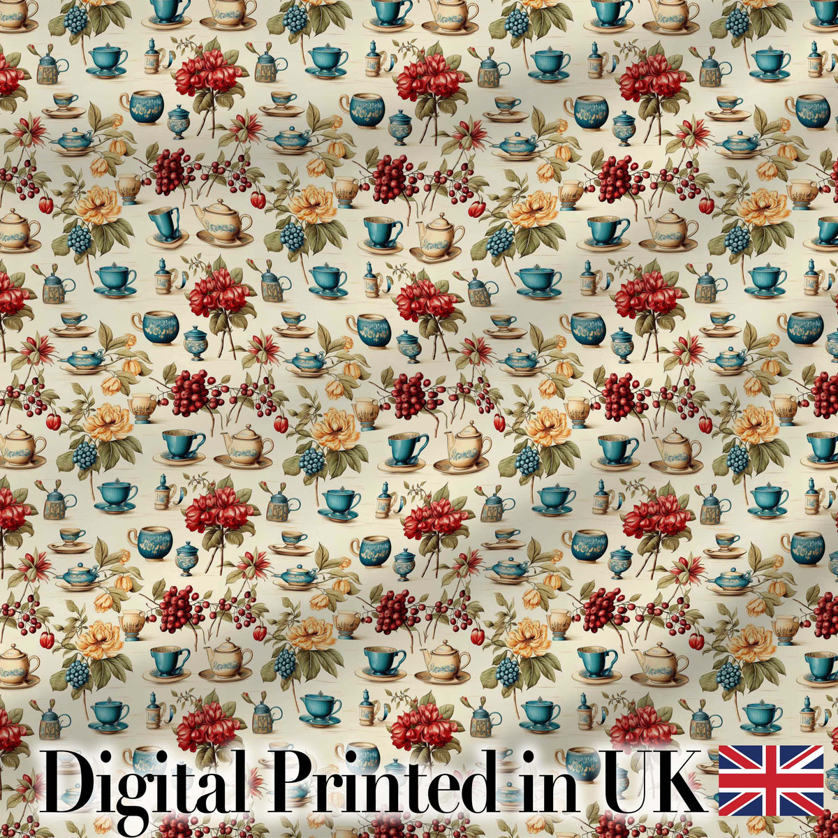 Floral Tea Cups Vintage Botanical Garden Seamless Pattern Digital Print Fabric by the Metre UK Sewing Quilting Textile