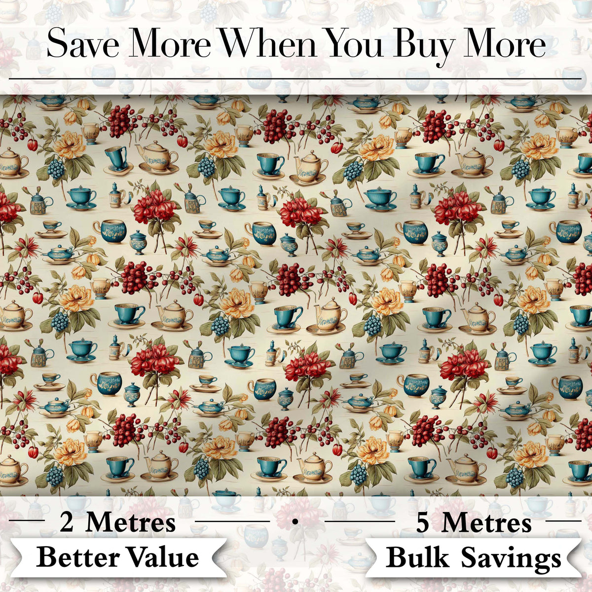Floral Tea Cups Vintage Botanical Garden Seamless Pattern Digital Print Fabric by the Metre UK Sewing Quilting Textile