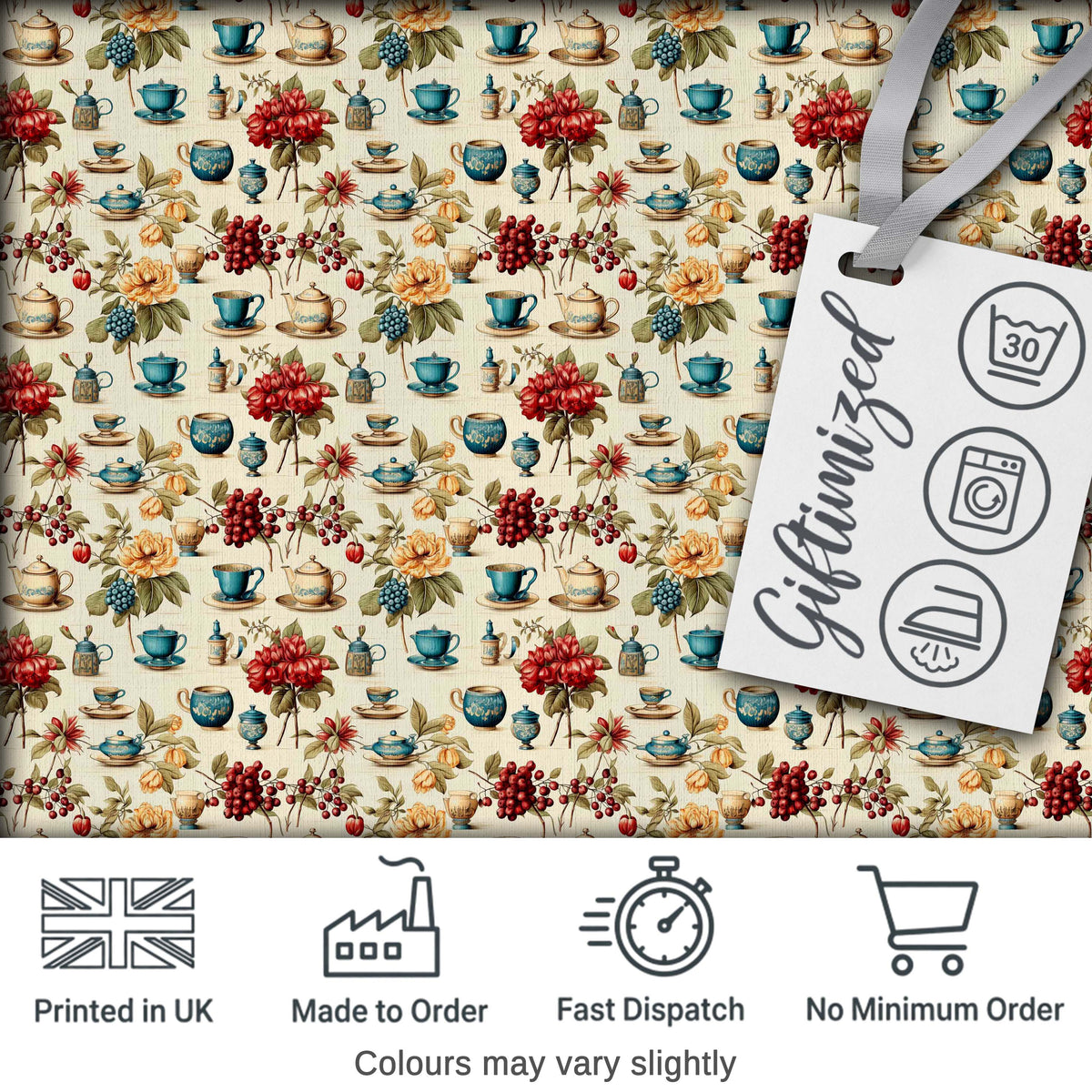 Floral Tea Cups Vintage Botanical Garden Seamless Pattern Digital Print Fabric by the Metre UK Sewing Quilting Textile