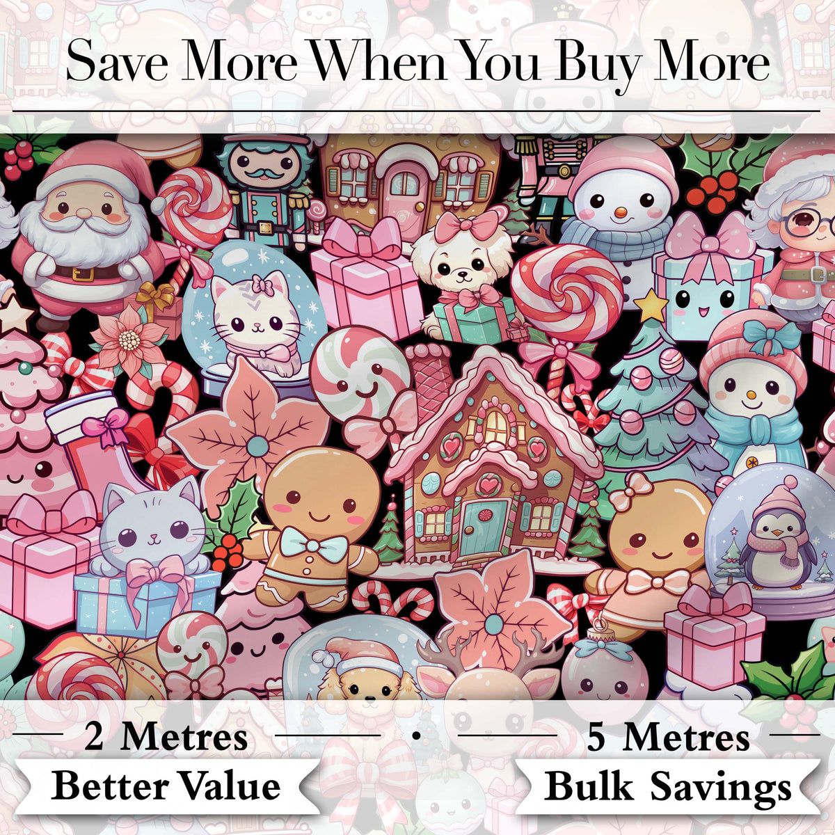 Cute Kawaii Christmas Gingerbread Candy Santa Gift Seamless Pattern Digital Print Fabric by the Metre UK Sewing Quilting Textile