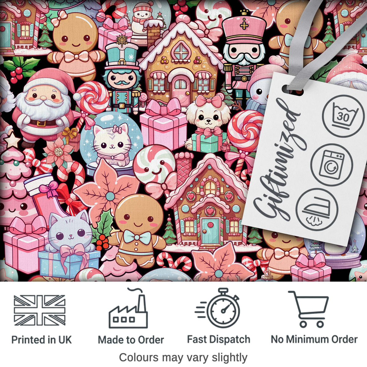 Cute Kawaii Christmas Gingerbread Candy Santa Gift Seamless Pattern Digital Print Fabric by the Metre UK Sewing Quilting Textile