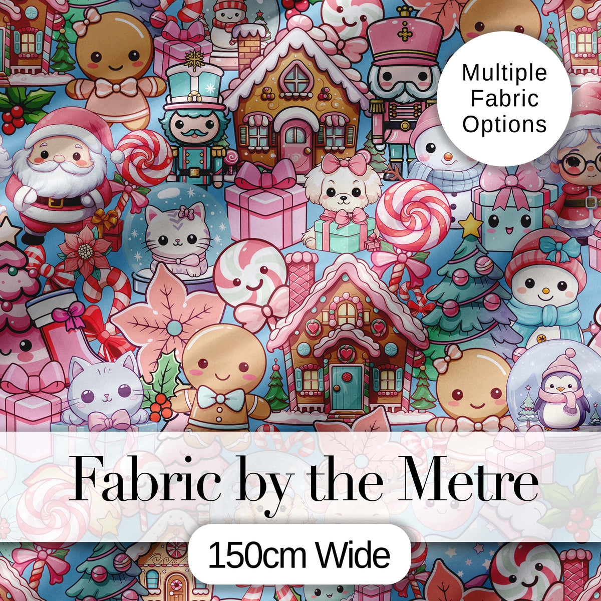 Cute Kawaii Christmas Gingerbread Snowman Candy Gift Seamless Pattern Digital Print Fabric by the Metre UK Sewing Quilting Textile