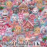 Cute Kawaii Christmas Gingerbread Snowman Candy Gift Seamless Pattern Digital Print Fabric by the Metre UK Sewing Quilting Textile