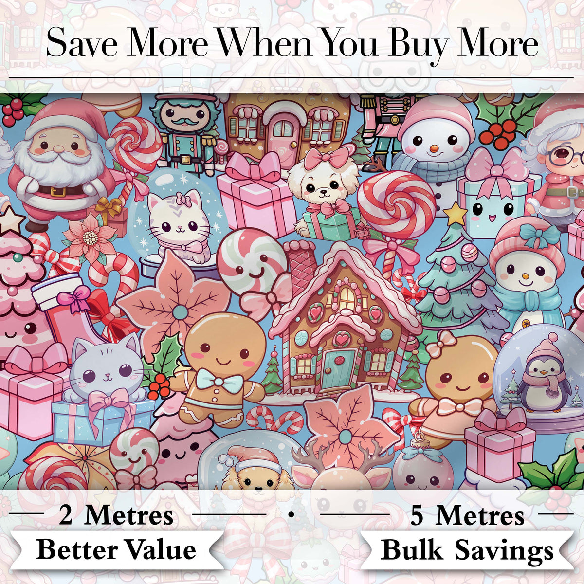 Cute Kawaii Christmas Gingerbread Snowman Candy Gift Seamless Pattern Digital Print Fabric by the Metre UK Sewing Quilting Textile