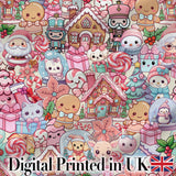 Cute Kawaii Christmas Gingerbread Reindeer Candy Gift Seamless Pattern Digital Print Fabric by the Metre UK Sewing Quilting Textile