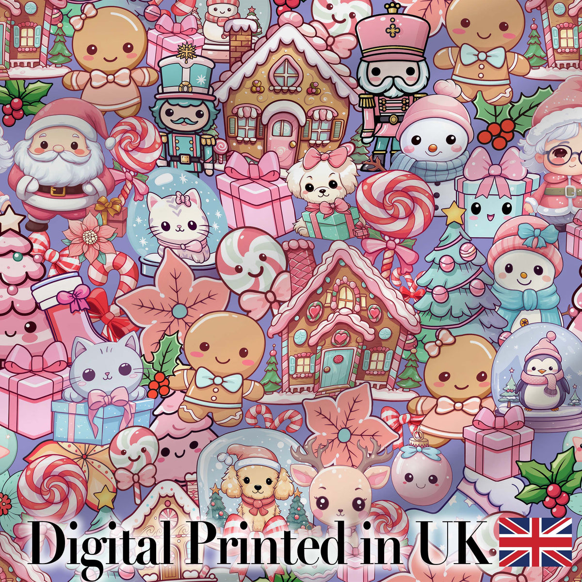 Cute Kawaii Christmas Gingerbread Festive Treats Seamless Pattern Digital Print Fabric by the Metre UK Sewing Quilting Textile