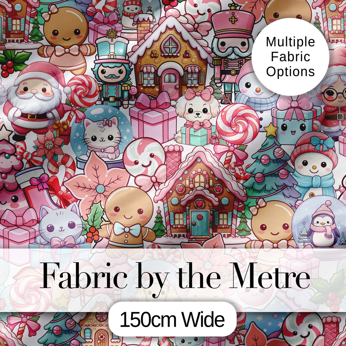 Cute Kawaii Christmas Gingerbread Candy Characters Soft White Seamless Pattern Digital Print Fabric by the Metre UK Sewing Quilting Textile