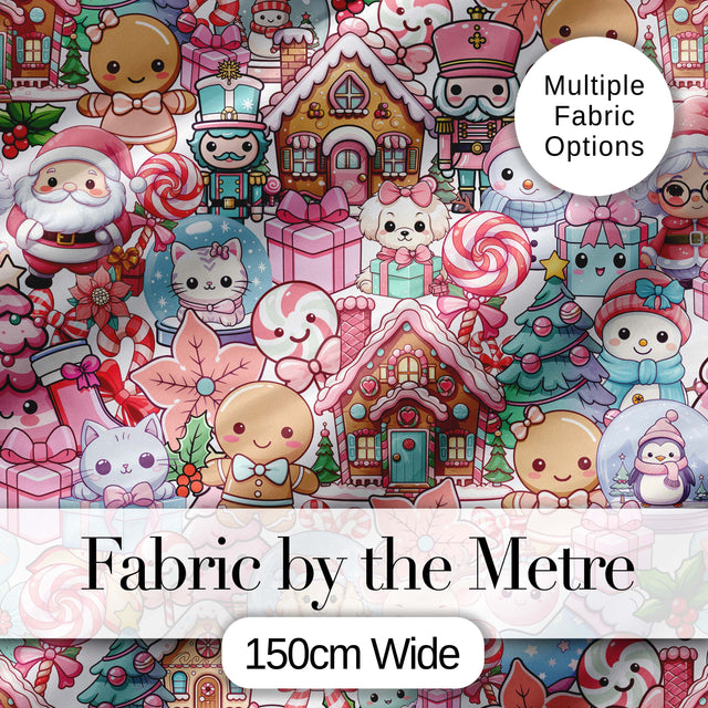 Cute Kawaii Christmas Gingerbread Candy Characters Soft White Seamless Pattern Digital Print Fabric by the Metre UK Sewing Quilting Textile