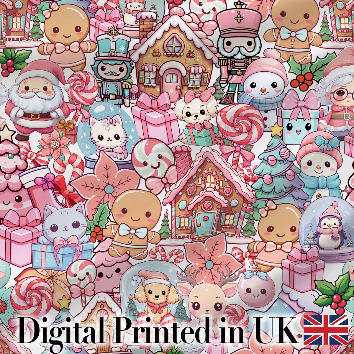 Cute Kawaii Christmas Gingerbread Candy Characters Soft White Seamless Pattern Digital Print Fabric by the Metre UK Sewing Quilting Textile