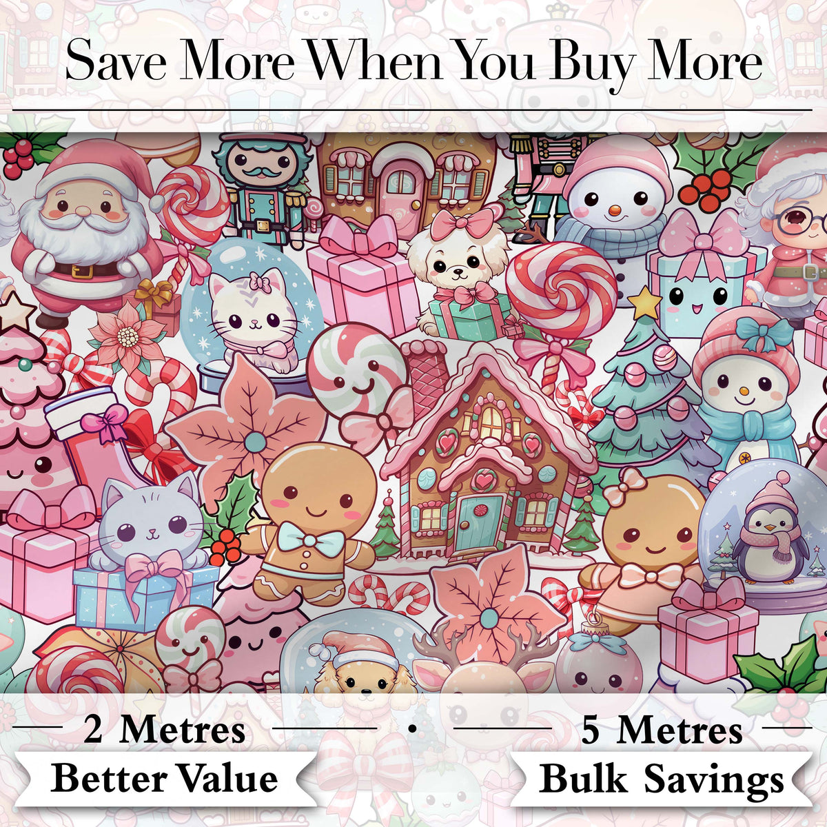 Cute Kawaii Christmas Gingerbread Candy Characters Soft White Seamless Pattern Digital Print Fabric by the Metre UK Sewing Quilting Textile