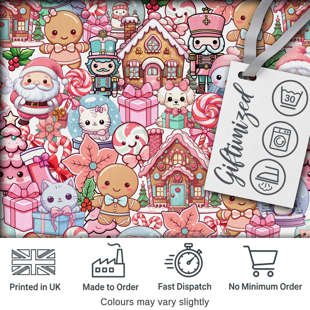 Cute Kawaii Christmas Gingerbread Candy Characters Soft White Seamless Pattern Digital Print Fabric by the Metre UK Sewing Quilting Textile