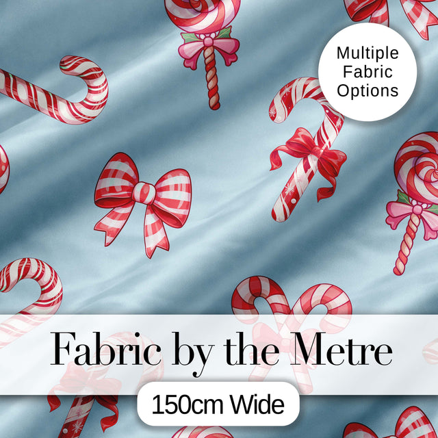 Cute Christmas Candy Cane Ribbon Bow Blue Background Seamless Pattern Digital Print Fabric by the Metre UK Sewing Quilting Textile