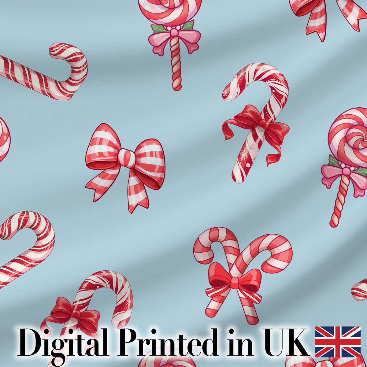 Cute Christmas Candy Cane Ribbon Bow Blue Background Seamless Pattern Digital Print Fabric by the Metre UK Sewing Quilting Textile