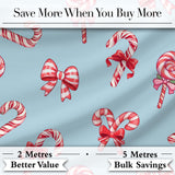 Cute Christmas Candy Cane Ribbon Bow Blue Background Seamless Pattern Digital Print Fabric by the Metre UK Sewing Quilting Textile