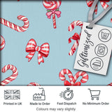Cute Christmas Candy Cane Ribbon Bow Blue Background Seamless Pattern Digital Print Fabric by the Metre UK Sewing Quilting Textile