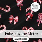 Cute Christmas Candy Cane Ribbon Bow Black Background Seamless Pattern Digital Print Fabric by the Metre UK Sewing Quilting Textile