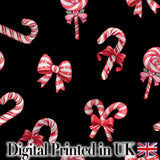 Cute Christmas Candy Cane Ribbon Bow Black Background Seamless Pattern Digital Print Fabric by the Metre UK Sewing Quilting Textile