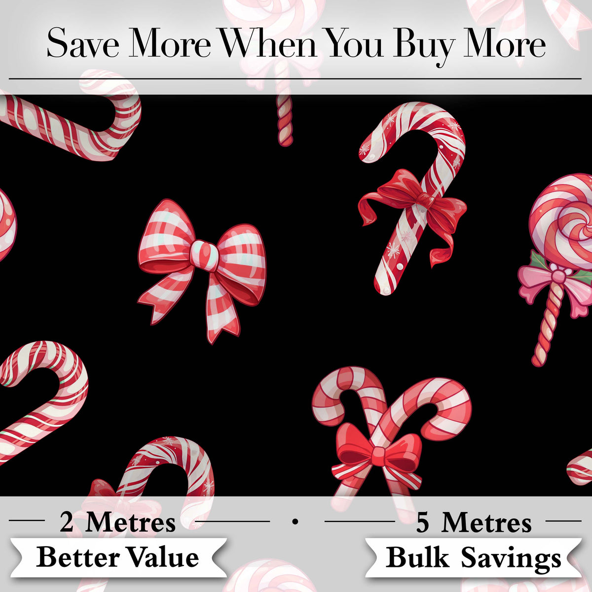 Cute Christmas Candy Cane Ribbon Bow Black Background Seamless Pattern Digital Print Fabric by the Metre UK Sewing Quilting Textile