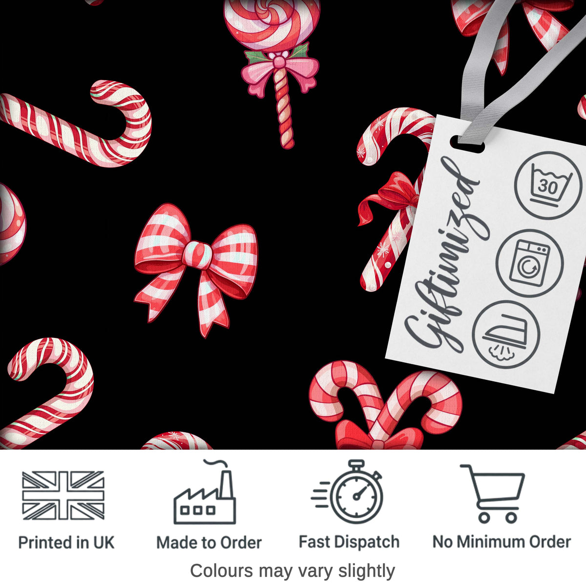 Cute Christmas Candy Cane Ribbon Bow Black Background Seamless Pattern Digital Print Fabric by the Metre UK Sewing Quilting Textile