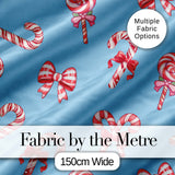 Cute Christmas Candy Cane Ribbon Bow Light Blue Seamless Pattern Digital Print Fabric by the Metre UK Sewing Quilting Textile