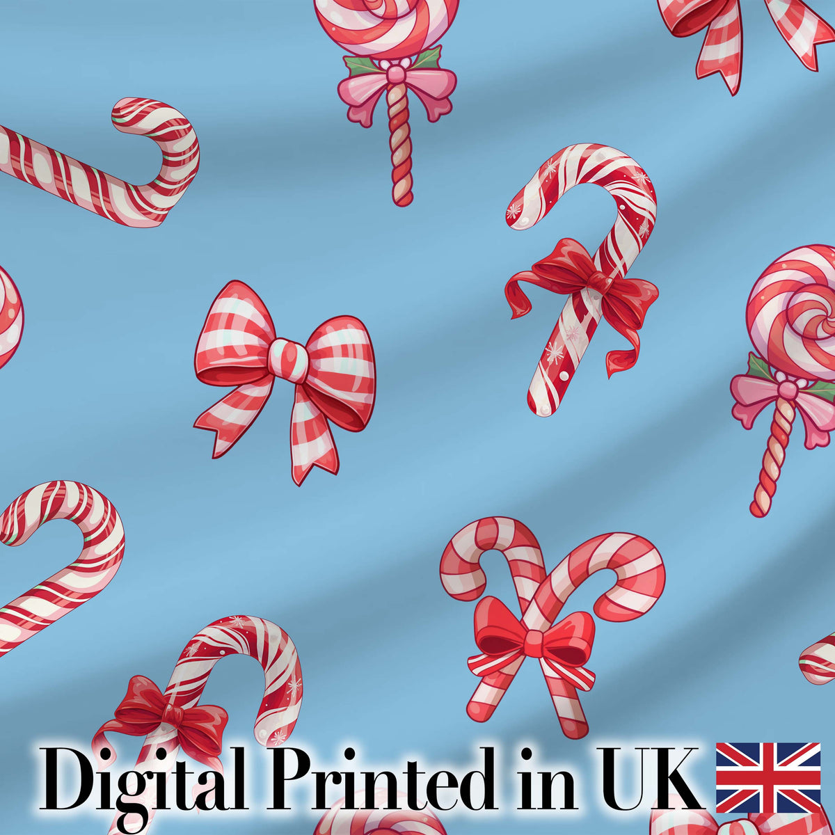 Cute Christmas Candy Cane Ribbon Bow Light Blue Seamless Pattern Digital Print Fabric by the Metre UK Sewing Quilting Textile