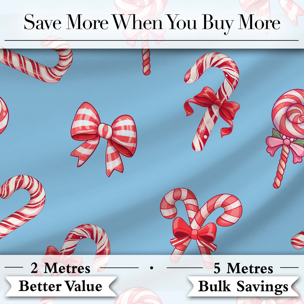 Cute Christmas Candy Cane Ribbon Bow Light Blue Seamless Pattern Digital Print Fabric by the Metre UK Sewing Quilting Textile
