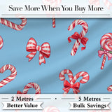 Cute Christmas Candy Cane Ribbon Bow Light Blue Seamless Pattern Digital Print Fabric by the Metre UK Sewing Quilting Textile