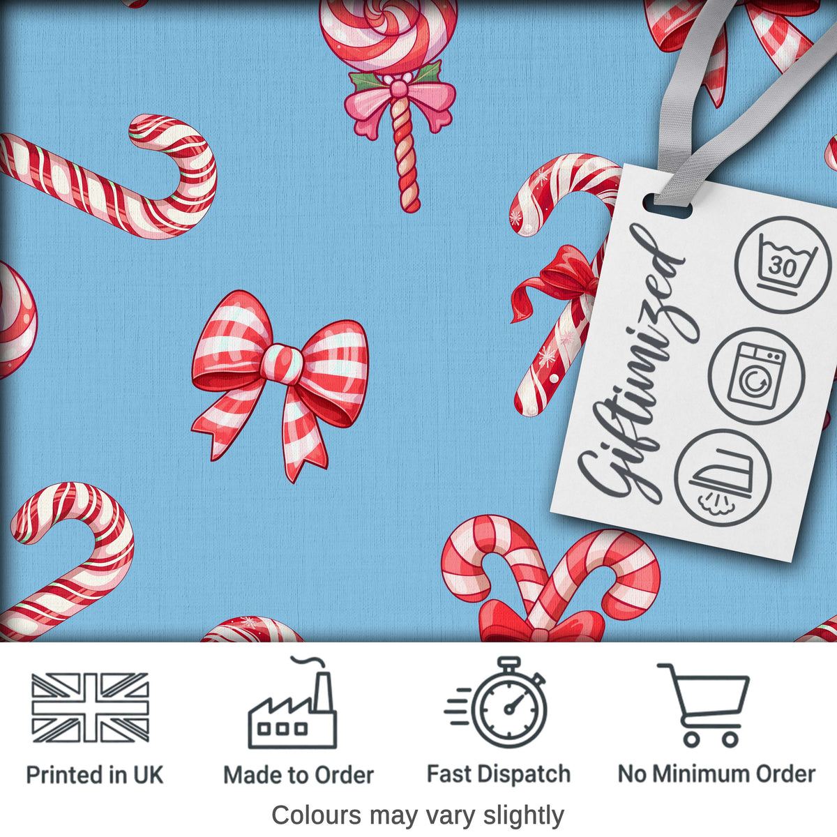 Cute Christmas Candy Cane Ribbon Bow Light Blue Seamless Pattern Digital Print Fabric by the Metre UK Sewing Quilting Textile