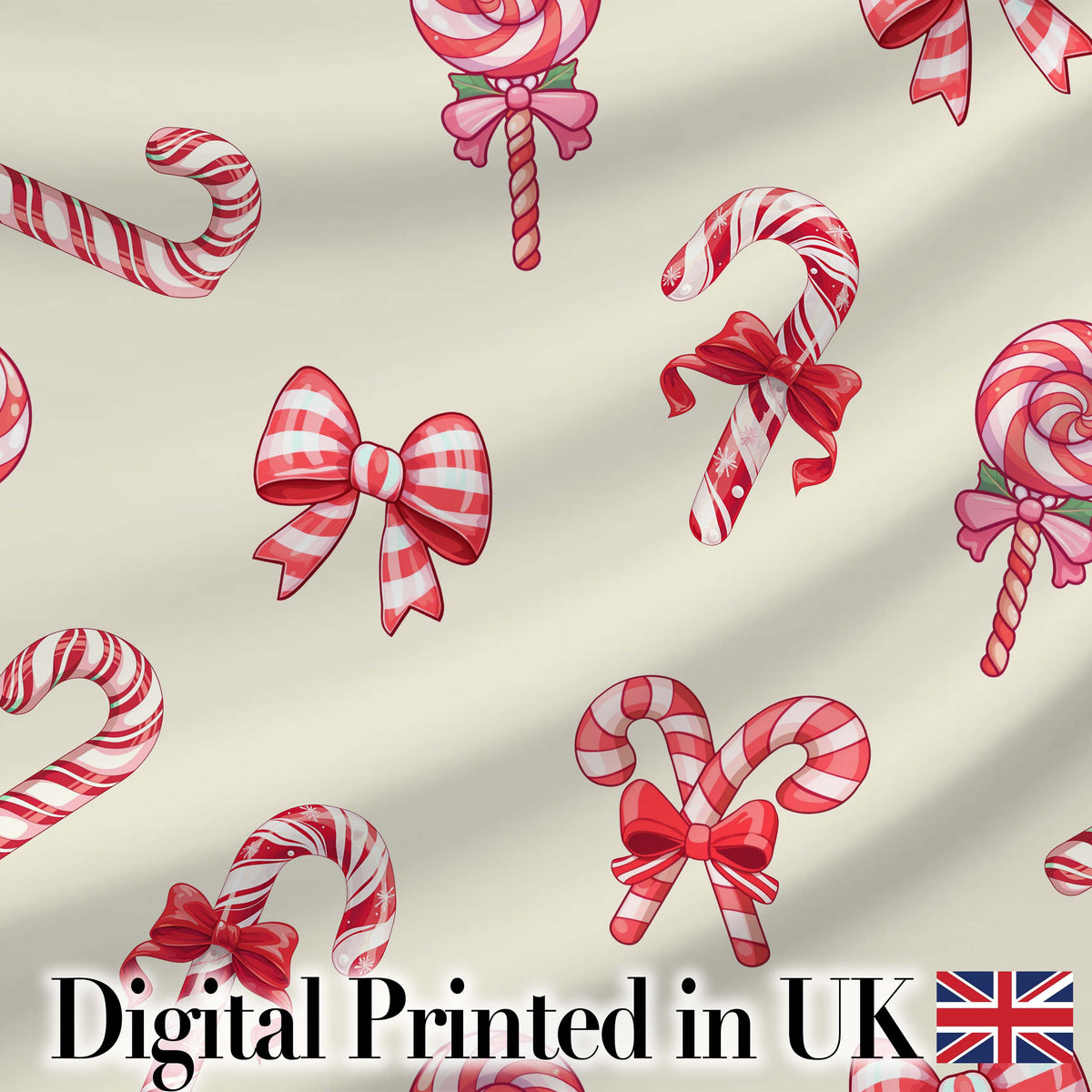 Cute Christmas Candy Cane Ribbon Bow Neutral Beige Seamless Pattern Digital Print Fabric by the Metre UK Sewing Quilting Textile