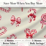 Cute Christmas Candy Cane Ribbon Bow Neutral Beige Seamless Pattern Digital Print Fabric by the Metre UK Sewing Quilting Textile