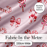 Cute Christmas Candy Cane Ribbon Bow Soft Pink Seamless Pattern Digital Print Fabric by the Metre UK Sewing Quilting Textile