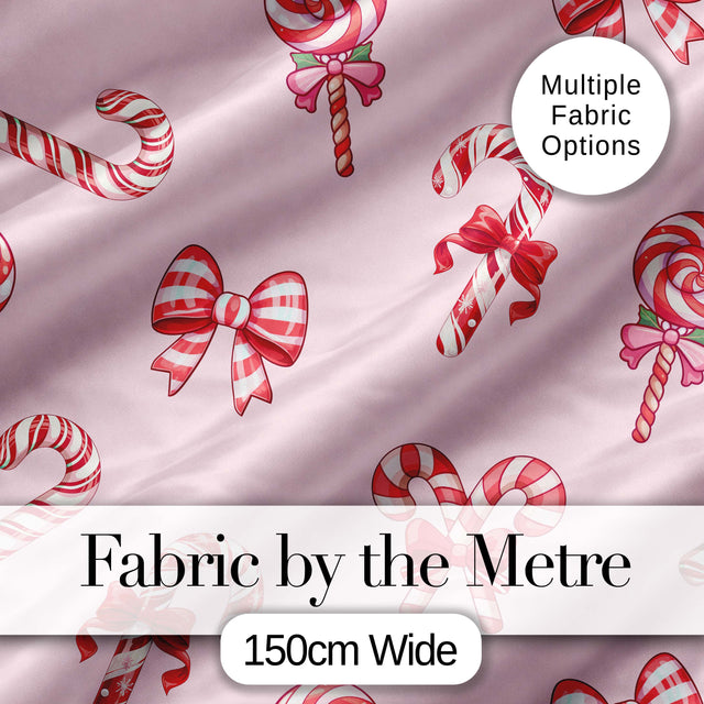 Cute Christmas Candy Cane Ribbon Bow Soft Pink Seamless Pattern Digital Print Fabric by the Metre UK Sewing Quilting Textile