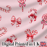 Cute Christmas Candy Cane Ribbon Bow Soft Pink Seamless Pattern Digital Print Fabric by the Metre UK Sewing Quilting Textile