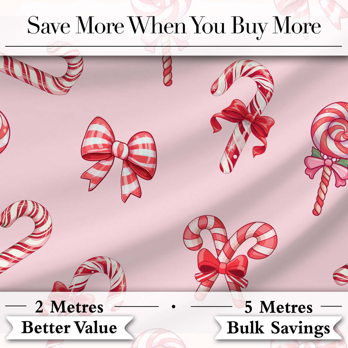 Cute Christmas Candy Cane Ribbon Bow Soft Pink Seamless Pattern Digital Print Fabric by the Metre UK Sewing Quilting Textile
