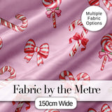 Cute Christmas Candy Cane Ribbon Bow Pastel Pink Seamless Pattern Digital Print Fabric by the Metre UK Sewing Quilting Textile