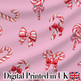 Cute Christmas Candy Cane Ribbon Bow Pastel Pink Seamless Pattern Digital Print Fabric by the Metre UK Sewing Quilting Textile